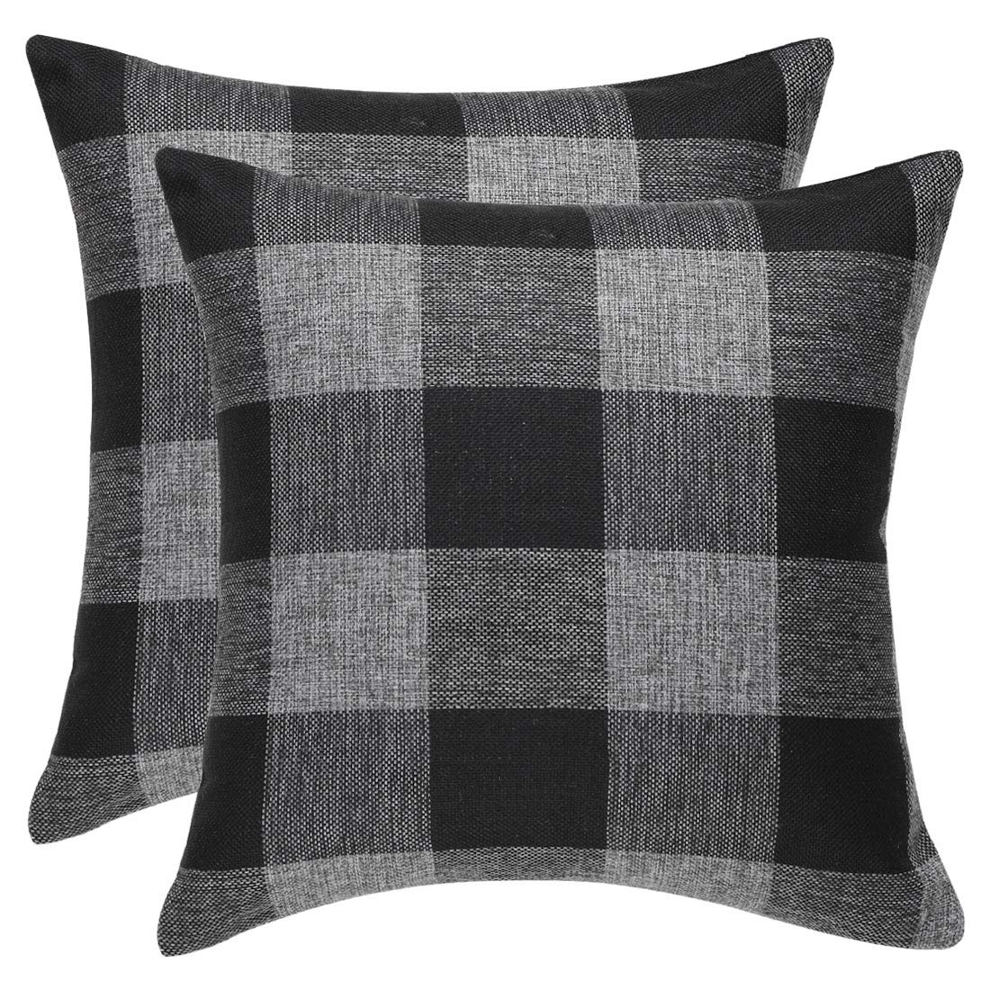 sourcing map Pack of 2 Check Cotton Linen Cushion Cover, Decorative Throw Pillow Cases for Home Couch Bed Car Decors - Square Pillow Covers 45x45cm/18x18in, Black, Grey 45 x 45cm