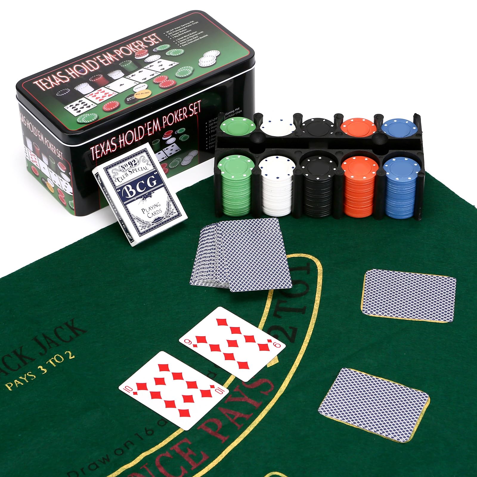 REQUISITE NEEDS Professional Poker Set with Mat, Casino Texas Hold'em and Blackjack Games - 200 Chips, Cards in Tin Box