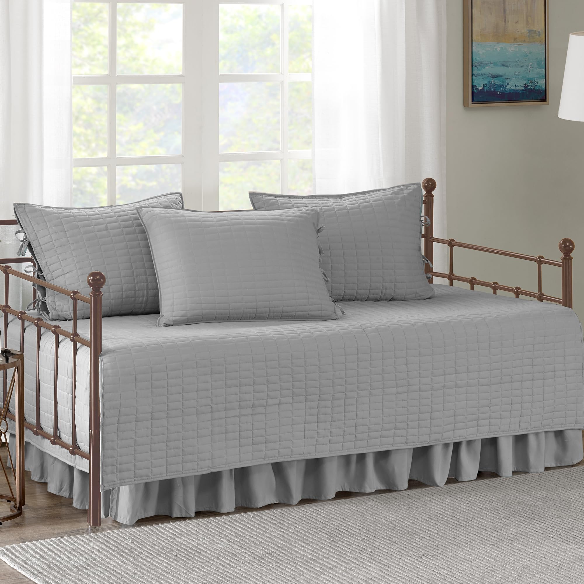 Comfort Spaces Daybed Cover - Luxe Double Sided-Quilting, All Season Cozy Bedding with Bedskirt, Matching Shams, Kienna Grey 75"x39" 5 Piece,100% Microfiber Image