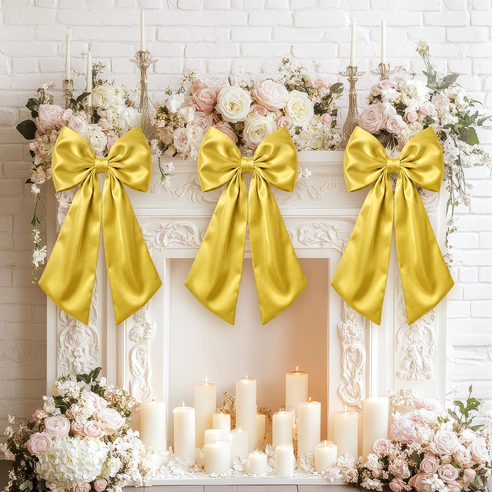 Photo 1 of 3 Pcs 2 FT Large Gold Bow Decorations Big Satin Bows Hanging Wall Decors for Wedding Coquette Birthday Backdrop Bridal Shower Bachelorette Christmas Room Fireplace Party Supplies