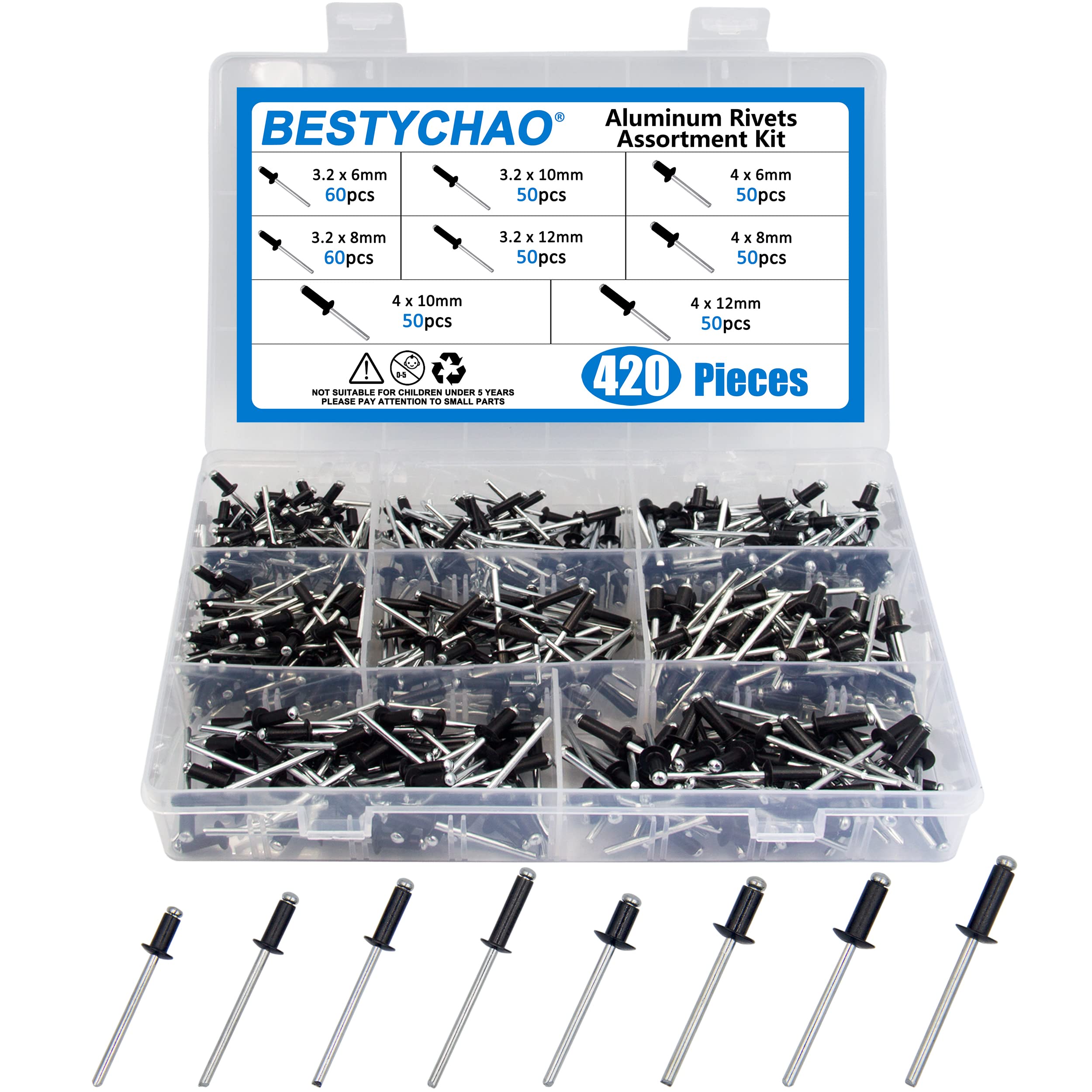 420pcs Pop Rivets, BESTYCHAO 8 Sizes Aluminum Blind Rivets, M3.2 M4 Black Pop Rivets Assortment Kit