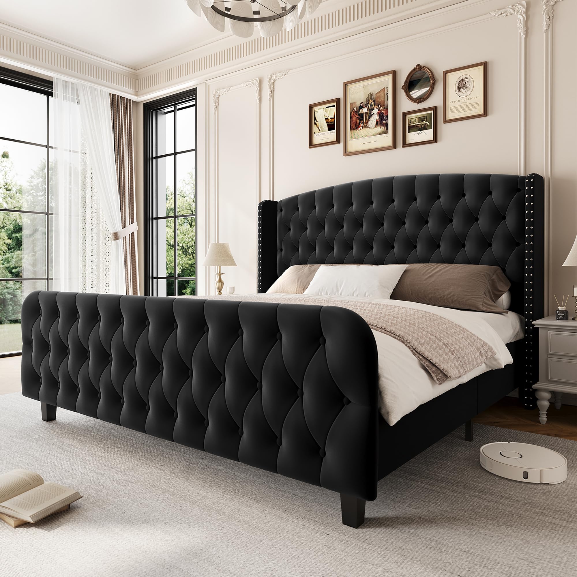 Photo 1 of GarveeHome 51" Tall Queen Size Bed Frame with Deep Button Tufted Wingback Headboard and Footboard, Velvet Upholstered Platform Bed Frame, No Box Spring Needed, Easy Assemble, Black
