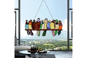 YOURANJU Parrot Stained Glass Window Hanging 16" x 8" Handmade Tiffany Style Rectangular Transom Window Panel Perfect for Living Room Bedroom Kitchen Decor Hangings with Chain (10 Parrots)