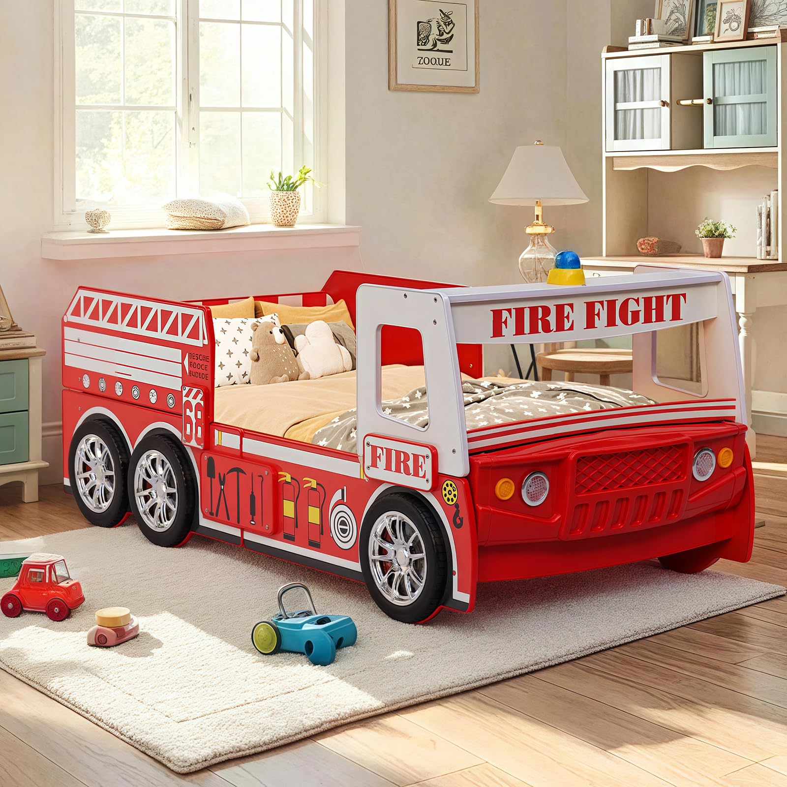 Photo 1 of (box 2 , parts only) KEIKI Twin Size Heroes Fire Truck Car-Shaped Bed Frame with Wheels, for Boys and Girls, Modern Style Platform Car Bed with Solid Wooden Slats, Easy Assembly, No Box Spring Required, for Bedroom, Red