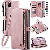Defencase Compatible with iPhone X/XS Case Wallet with RFID Blocking Card Holder for Women Men, Fashion PU Leather Magnetic Snap Flip Zipper Strap Wallet Phone Case Fit for iPhone Xs & X, Rose Pink