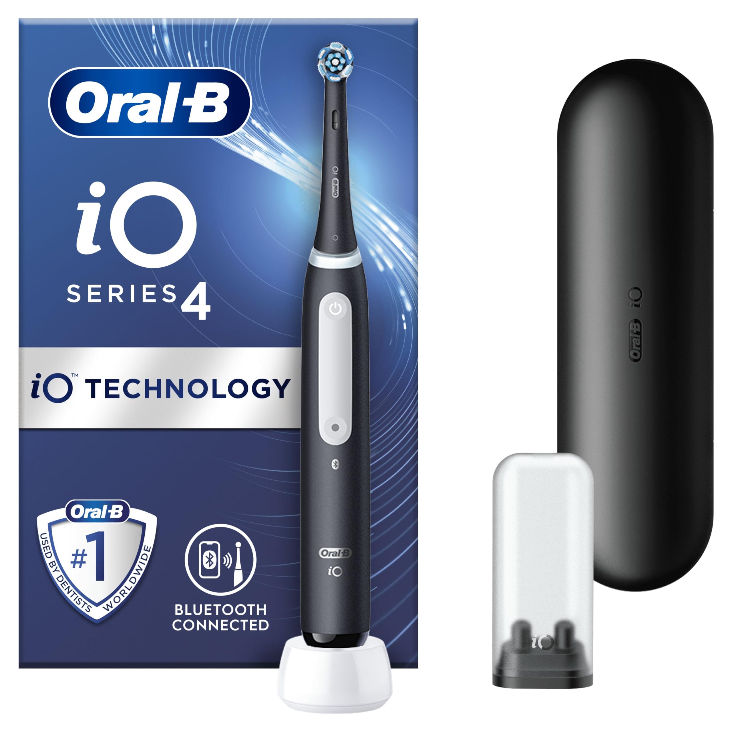 Oral-B iO4 Electric Toothbrushes For Adults, 1 Toothbrush Head & Travel Case, 4 Modes With Teeth Whitening, UK 2 Pin Plug, Black, Oral B Io4