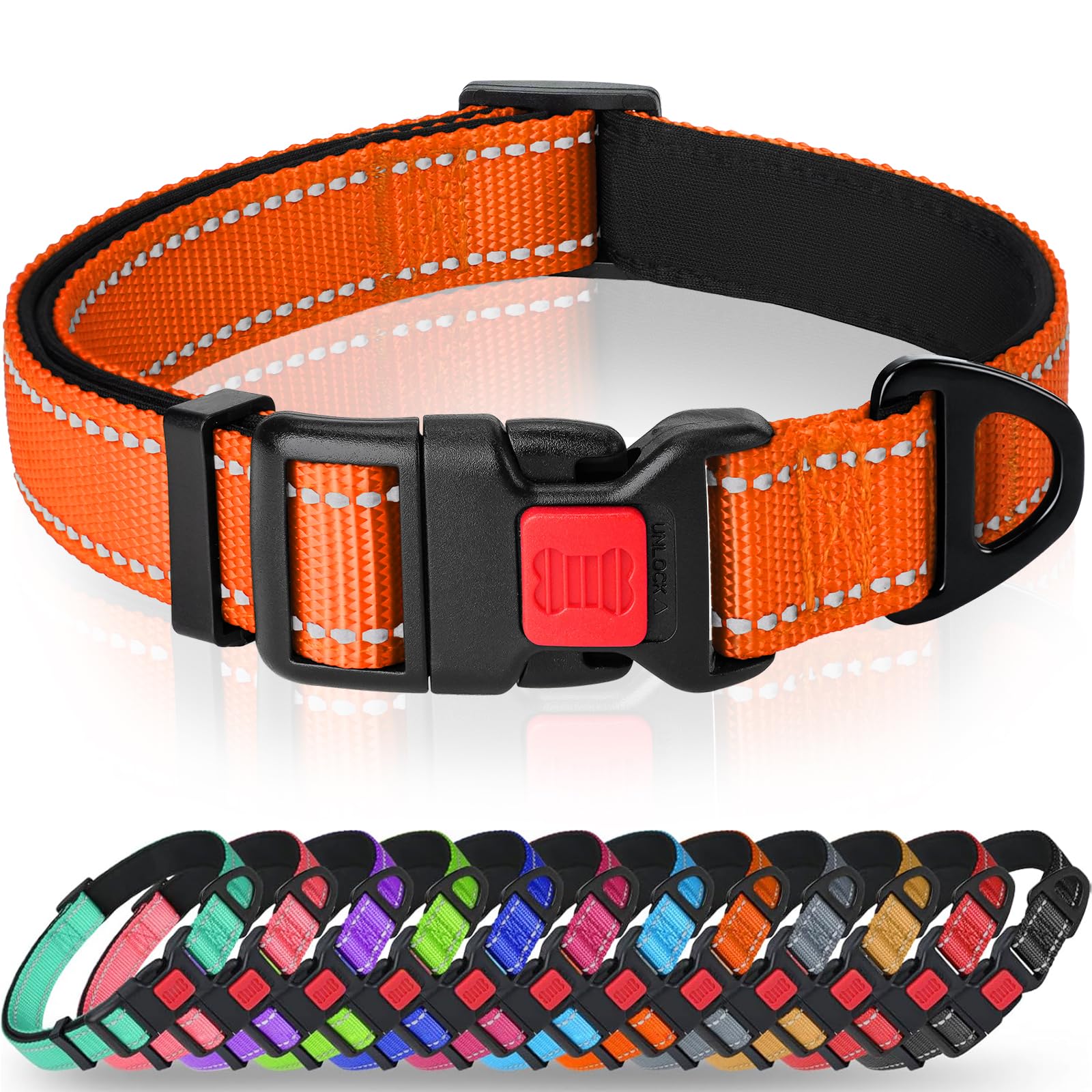 Taglory Reflective Nylon Dog Collar with Safety Buckle, Adjustable Pet Collars with Soft Neoprene Padding for Large Dogs, Orange