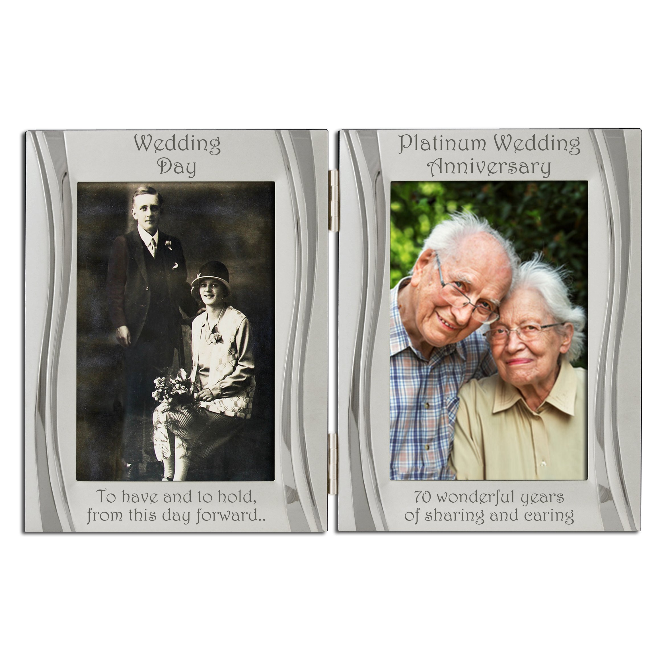 Platinum 70th Wedding Anniversary, Silver Plated, Velvet Backed, Double Photo Frame for Wedding Day and Now Photos. Matt and Gloss Silver, Free Standing and Hinged. Platinum Gift Present