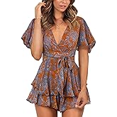 Relipop Women's Floral Rompers Jumpsuits V Neck Short Baggy Sleeve Waist Tie Double Layer Ruffle Hem Romper 2026 Trendy