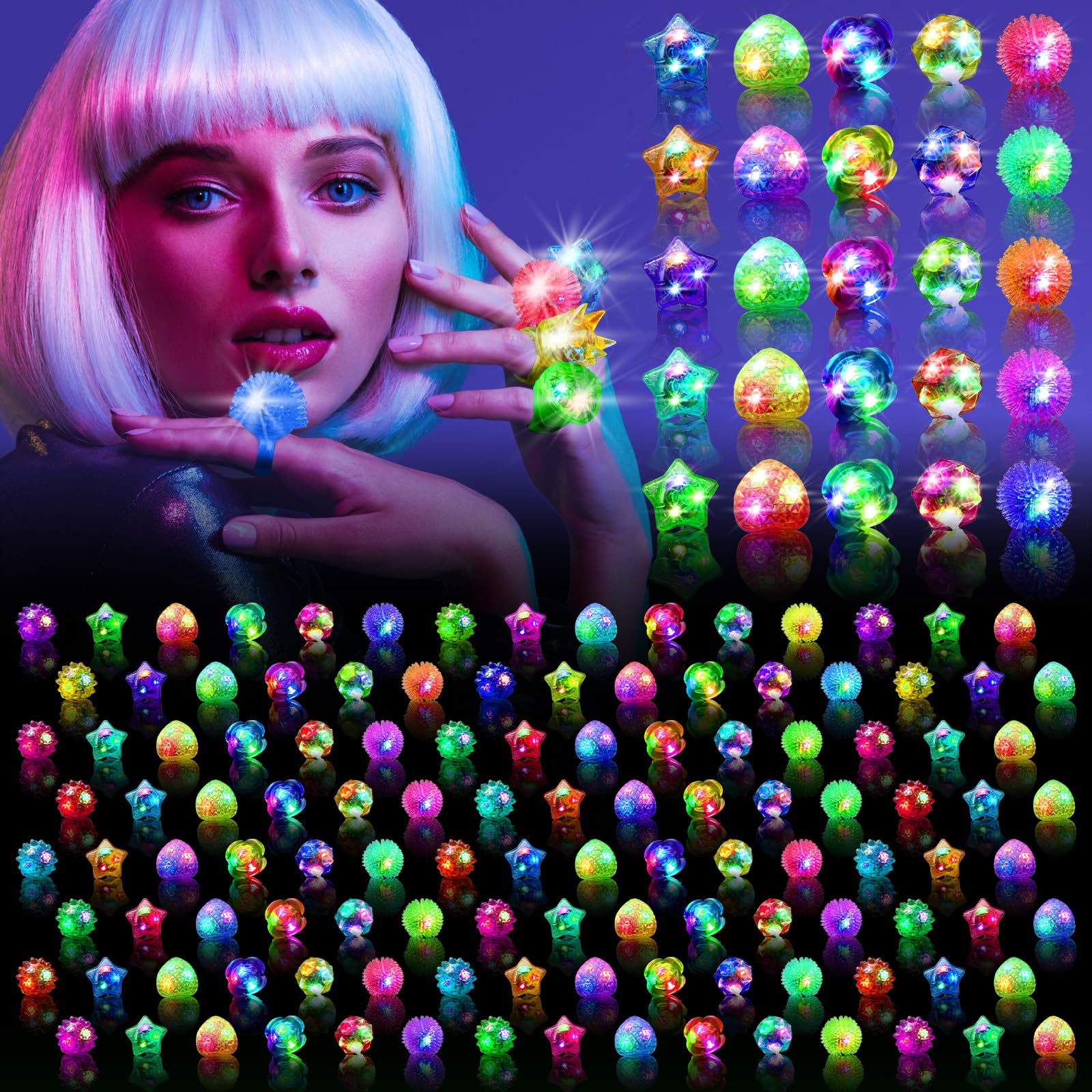 Photo 1 of OLUPP 200 Pcs Light Up Rings, Glow In The Dark Party Supplies, 6 Style Flashing Glow In The Dark Rings for Adults & Kids, LED Ring for Birthday Party Favors, Concert, Raves, Halloween, Christmas