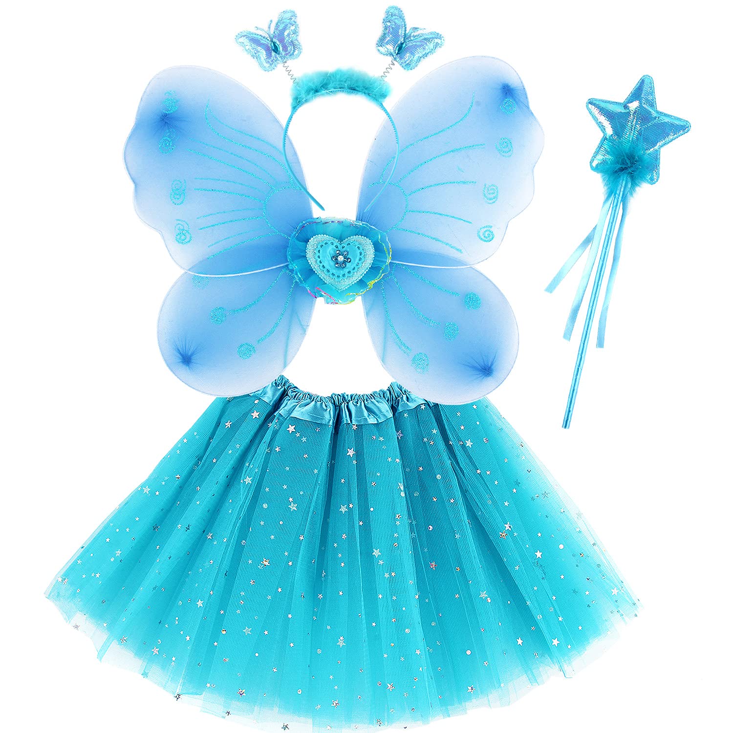 Discoball Girls Fairy Costume Set Princess Tutu Skirt Fairy Magic Butterfly Wings Dress Up Fantasy Costume Play with Butterfly Wings, Magic Wand and Headband Set for 3-8 Years Girls (Blue)