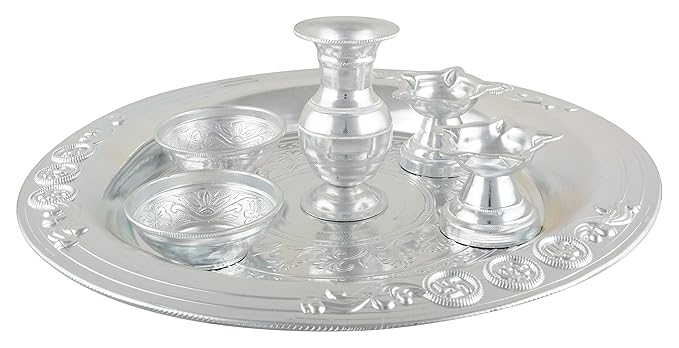 Navabharat Silver-Plated Puja Thali Set (Silver_30 x 30 x 3 cm)