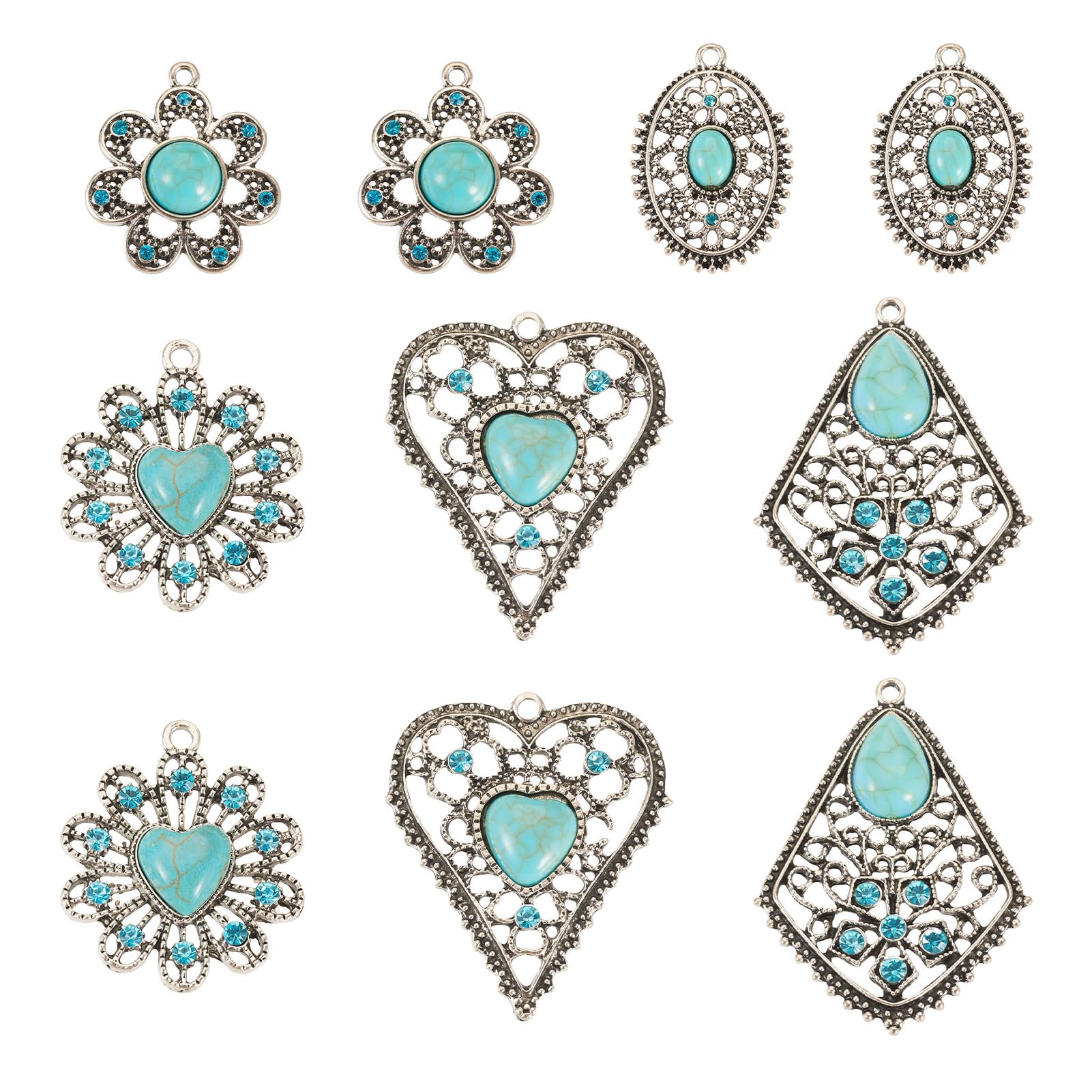 PH PandaHall PandaHall 10pcs Tibetan Style Turquoise Connector Link Charms Heart Oval Flower Retro Charms Pendants for Earrings Necklaces Jewelry Making