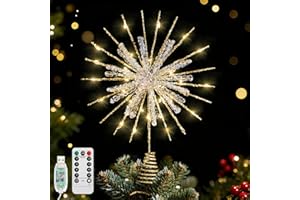 Lewondr Christmas Snowflake Tree Topper, 12.2 in 30 LED Xmas Tree Topper with Glittered Epoxy, Remote & USB Powered Snowflake