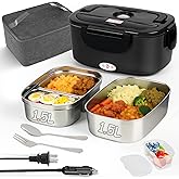 Electric Lunch Box for Adults - 1.5L Single/Double Layer Stainless Steel Food Warmer - 80W Fast PTC Heated Lunchbox, 12V/24V/110V Portable Food Heater for Car&Truck, Office, Camping, Travel(Black)