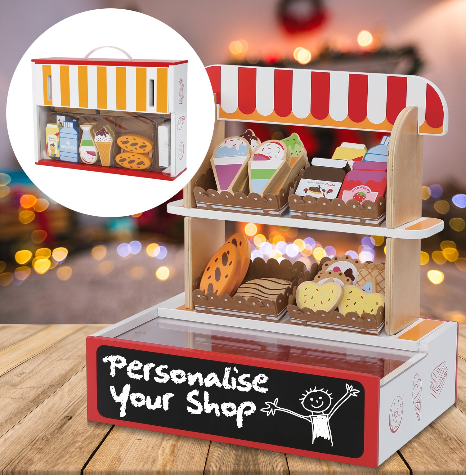 Wooden Toy Play Shop Supermarket with kids Play Food includes 26 Pieces