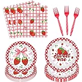 Romart 96Pcs Sweet One Birthday Party Supplies, Strawberry Fruit Party Tableware Set, Red White Plaid Disposable Plates, Forks, Napkins for 24 Guests Dinnerware