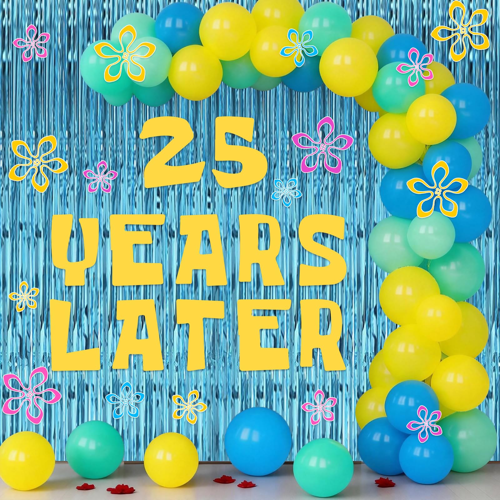 Photo 1 of 132Pcs Yellow Cartoon Party Decorations 12 Inch Clear Yellow Blue Balloons with Blue Tinsel Foil Fringe Curtains Bikini Flowers 25 Years Later Cutouts for Ocean Theme Birthday Decorations Baby Shower