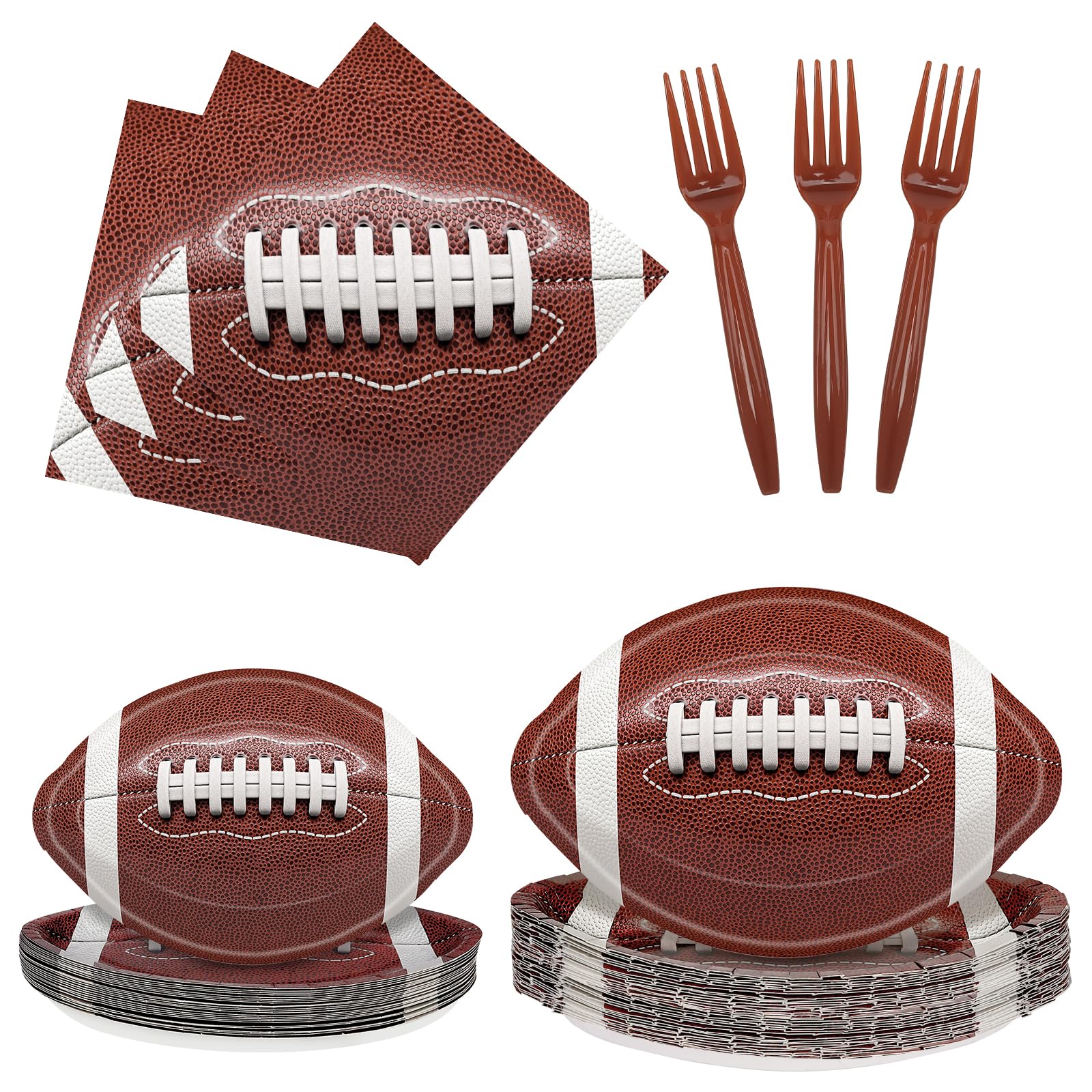 Photo 1 of 100 Pcs Football Party Supplies,Football Tableware Set with 25Paper Dinner Plates,25Dessert Plates,25Forks,25Napkins for Football Birthday Party and Super Bowl Game Day Decorations
