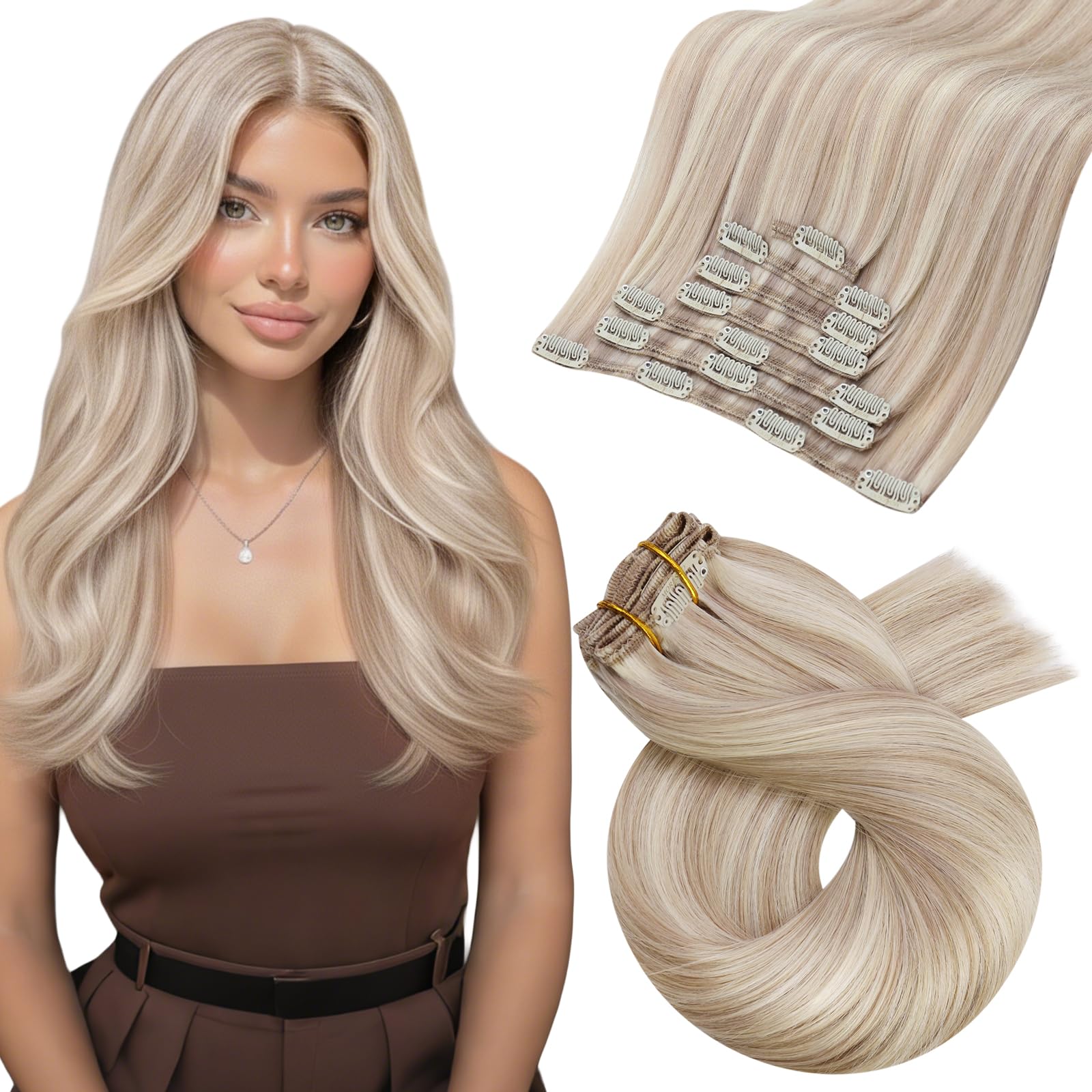 Moresoo Human Hair Extensions Clip in Highlight 22 Inch Ash Blonde with Platinum Blonde Clip in Hair Extensions Real Hair Full Head 7 Pieces/120g #P18/613 — image 1