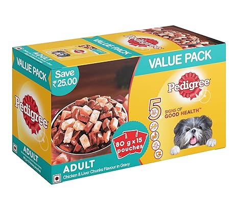 Pedigree Wet Dog Food, Chicken & Liver Chunks in Gravy for Adult Dogs ? 80g Pouch (Pack of 15)