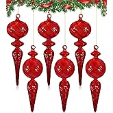 6PCS 9-Inch Hand-Blown Glass Finial Christmas Tree Hanging Ornaments – Extra Large Elegant Clear Glass Holiday Vintage Decorations – Luxury Handmade Seasonal Décor for Tree, Mantel, Party(Red)