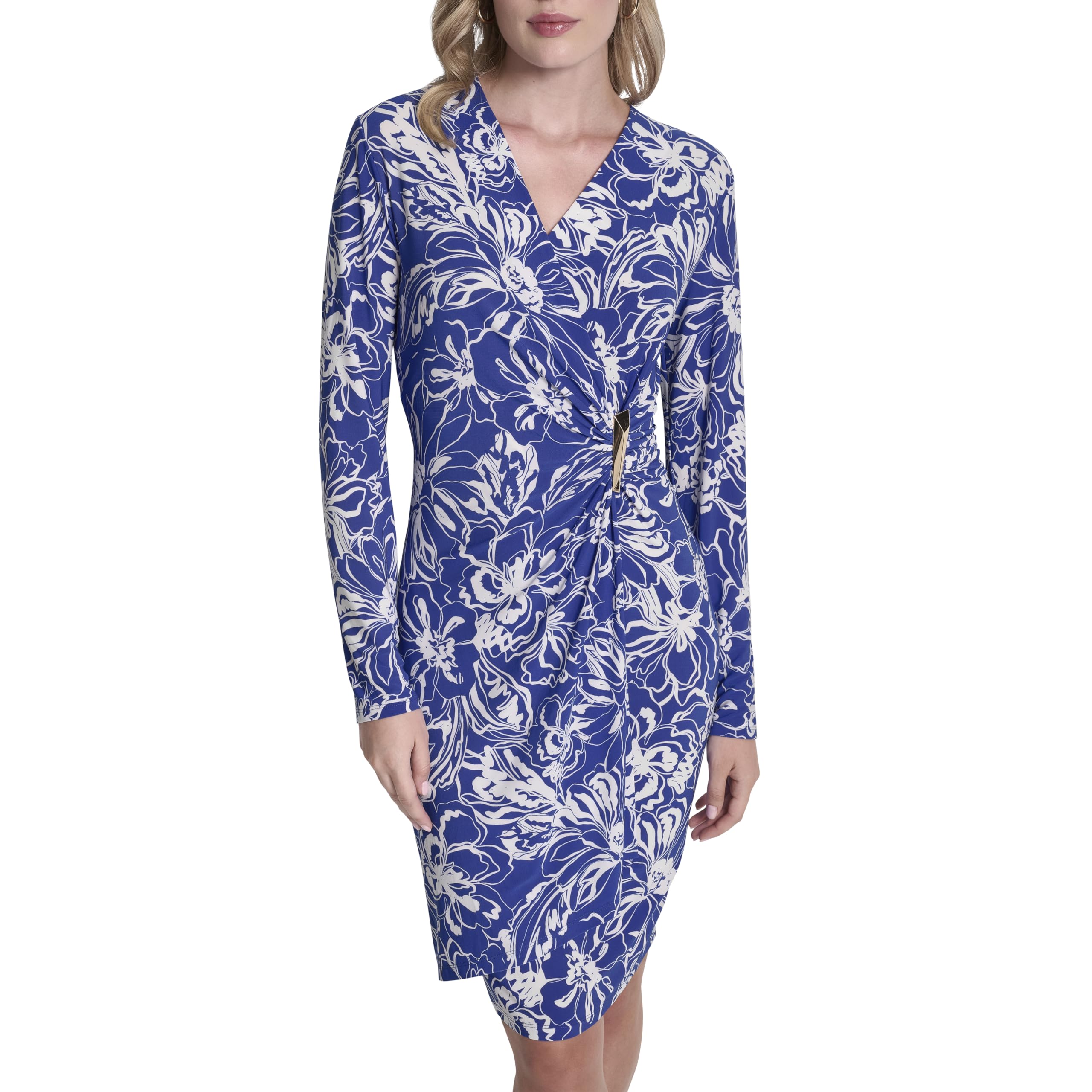 DKNY Women’s Long Sleeve Surplice Neck Sheath Dress, Atlantic Blue Multi, 14