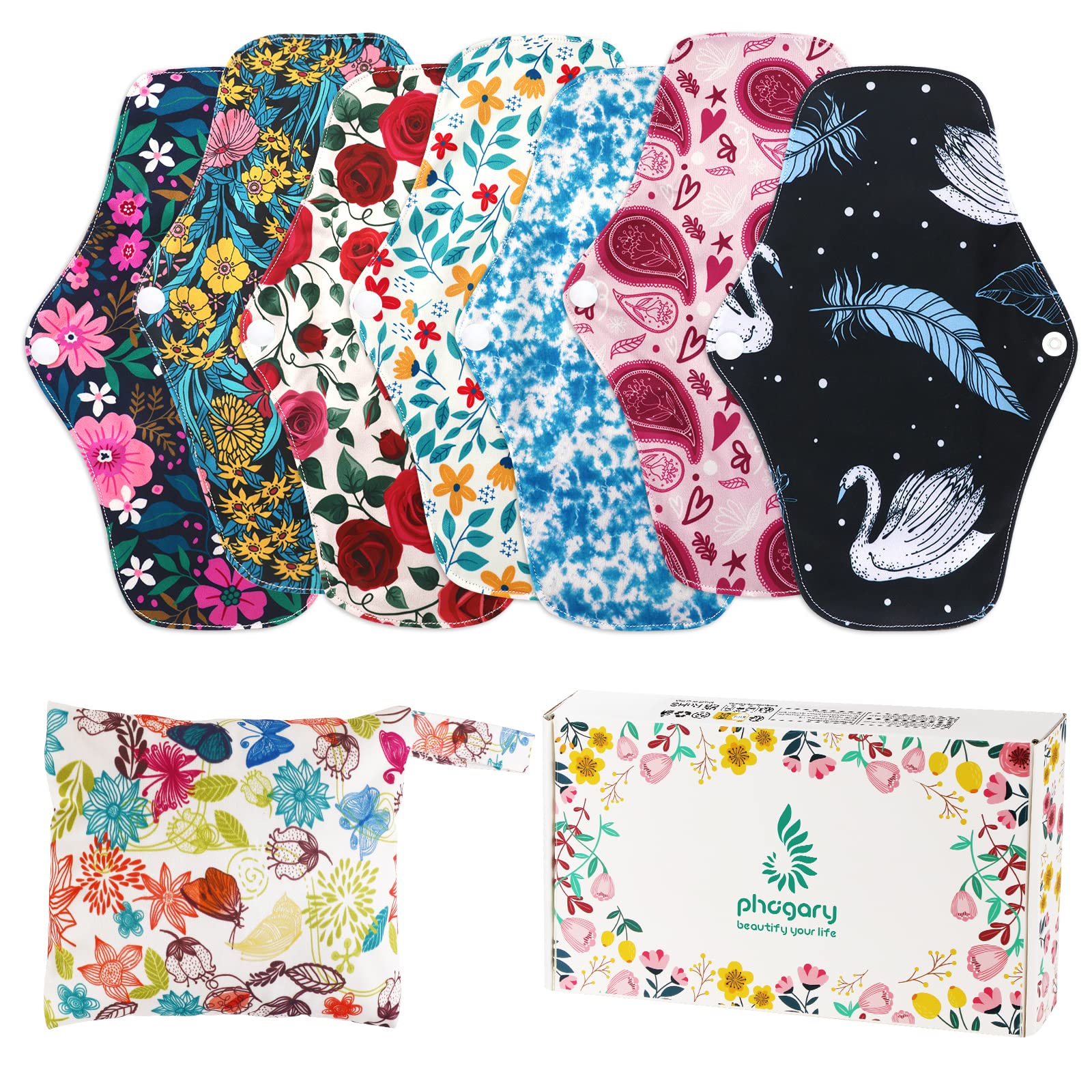 PHOGARY Reusable Sanitary Towels Pads (7 in 1, 25.4 cm 4 Layers), Bamboo Cloth Pads for Heavy Flow with Wet Bag, Large Sanitary Pads Set with Wings, Washable Overnight Cloth Panty Liners