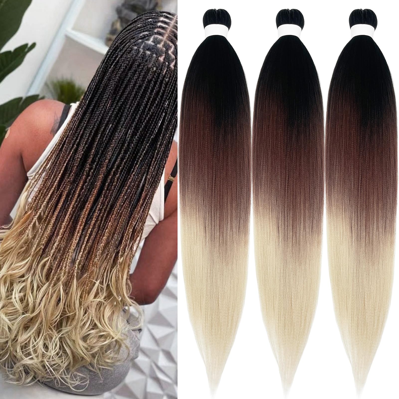 Photo 1 of UPruyo Black Brown Blonde Ombre Braiding Hair Pre Stretched Prestretched Braiding Hair Ombre Colored Weave Braiding Hair Extensions for Braids Synthetic Fake Hair for Braiding ?(26 In 3 Packs)