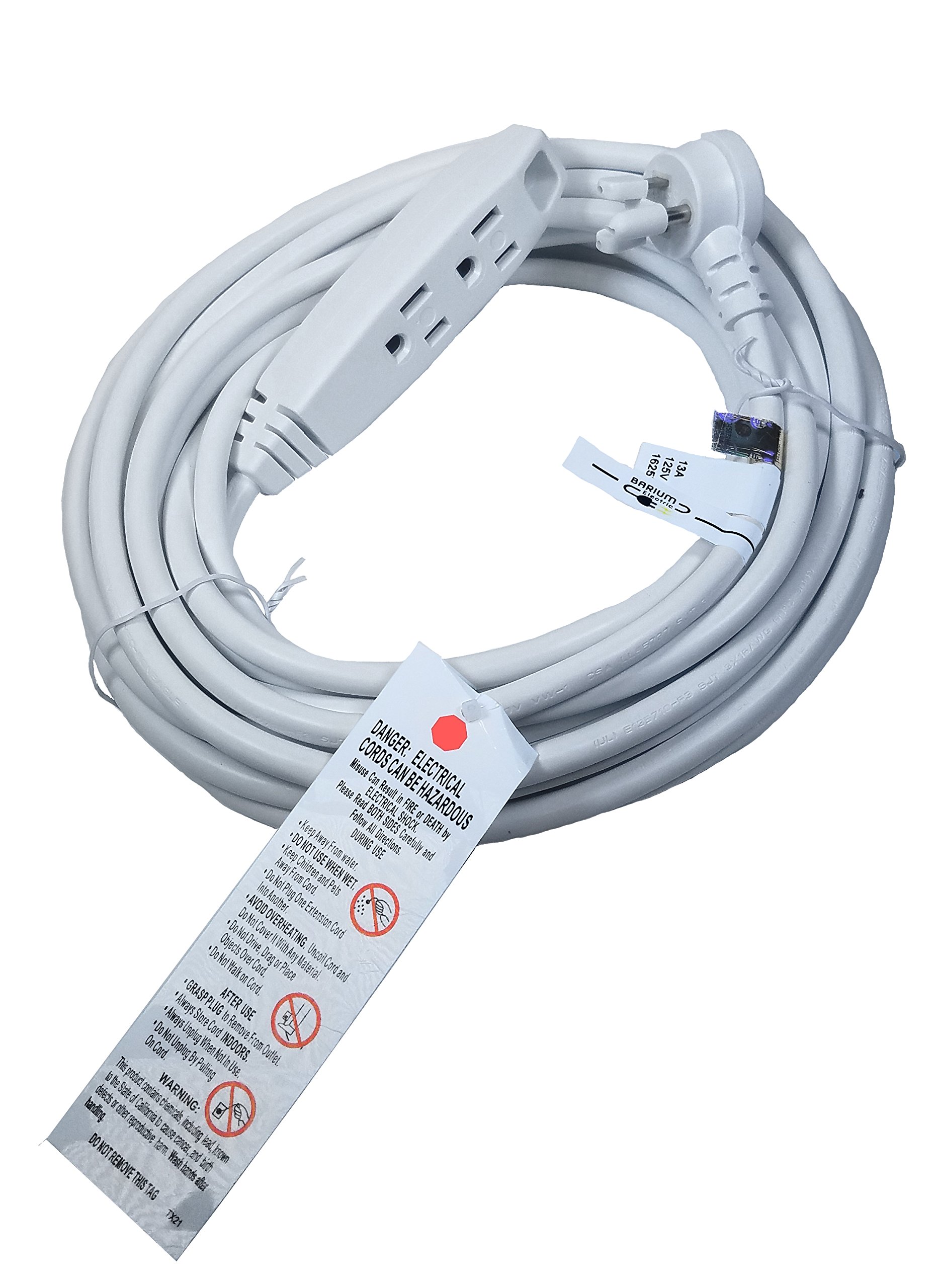 Barium Electric 25 Ft. Extension Cord Angled Plug White 25 Foot | 16 ...