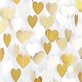 White-Gold Champagne Party-Decorations Heart Streamers Garland - 52Ft Christmas Wedding Engagement Hanging Paper Banner,Bachelorette Neutral Baby Bridal Shower Decor Banners Lasting Surprise