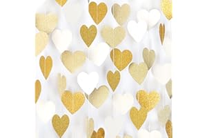 White-Gold Champagne Party-Decorations Heart Streamers Garland - 52Ft Christmas Wedding Engagement Hanging Paper Banner,Bachelorette Neutral Baby Bridal Shower Decor Banners Lasting Surprise