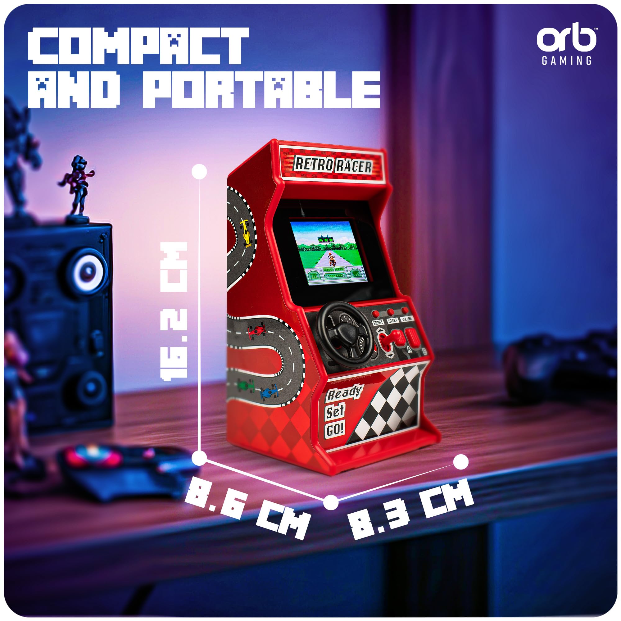Orb - Mini Arcade Racing Machine: Handheld Console with 30 Pre-Loaded 8-Bit Games, 2.4