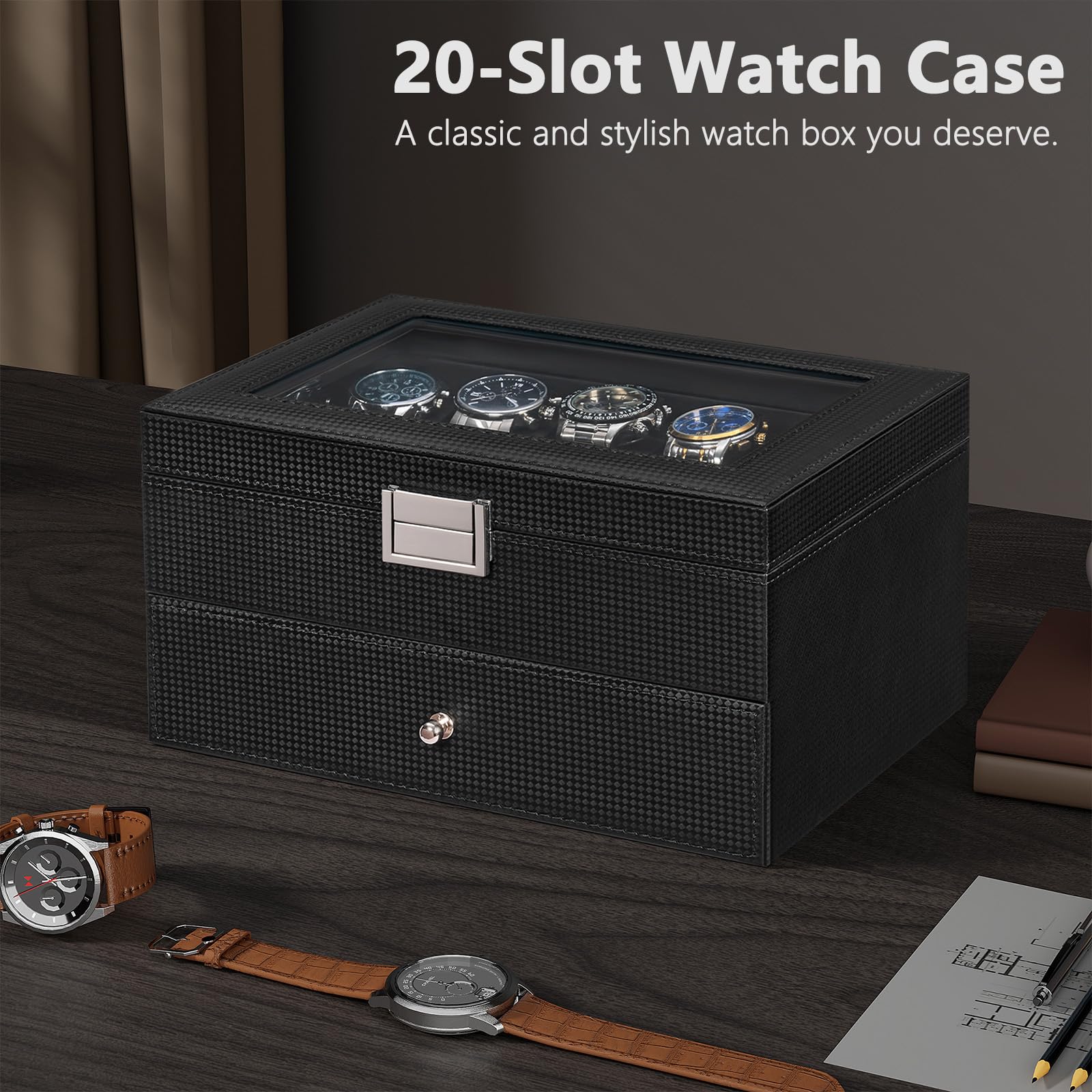 BEWISHOME Watch Case, 20-Slot Watch Box Organizer for Men Watch Case with Large Glass Lid Watch Travel Case Removable Watch Pillows, Mens Jewelry Box Watch Display Case, Watch Storage, Black SSH04C