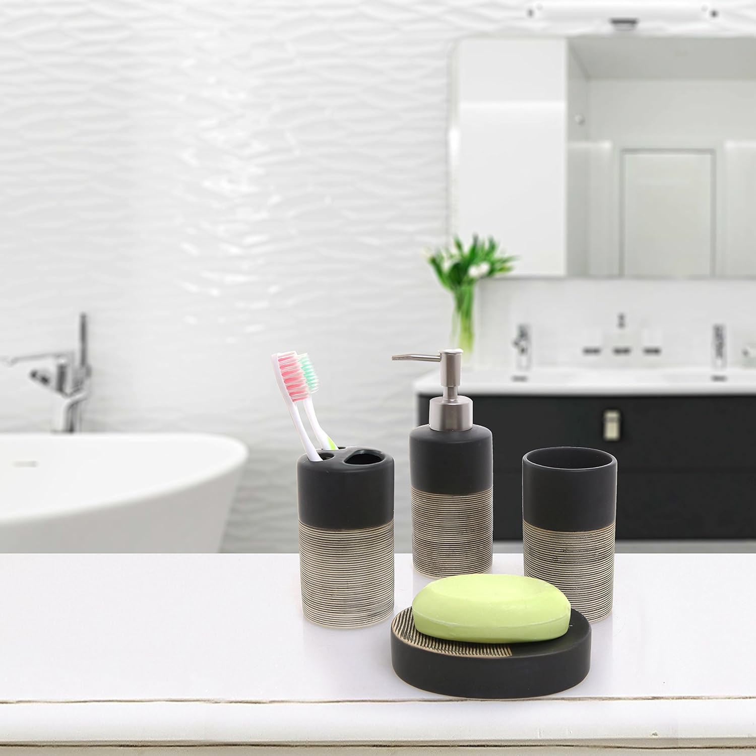 MyGift Deluxe 4 Piece Black & Beige Ceramic Bathroom Set w/Soap Dispenser, Toothbrush Holder, Tumbler & Soap Dish: Home & Kitchen