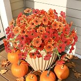 6 Bundles Artificial Mums for Outdoors Decor, UV Resistant Fall Flowers | Fake Mums Plants Faux Silk Flowers for Outside Front Porch Planters Window Box Garden Patio Thanksgiving Fall Decorations