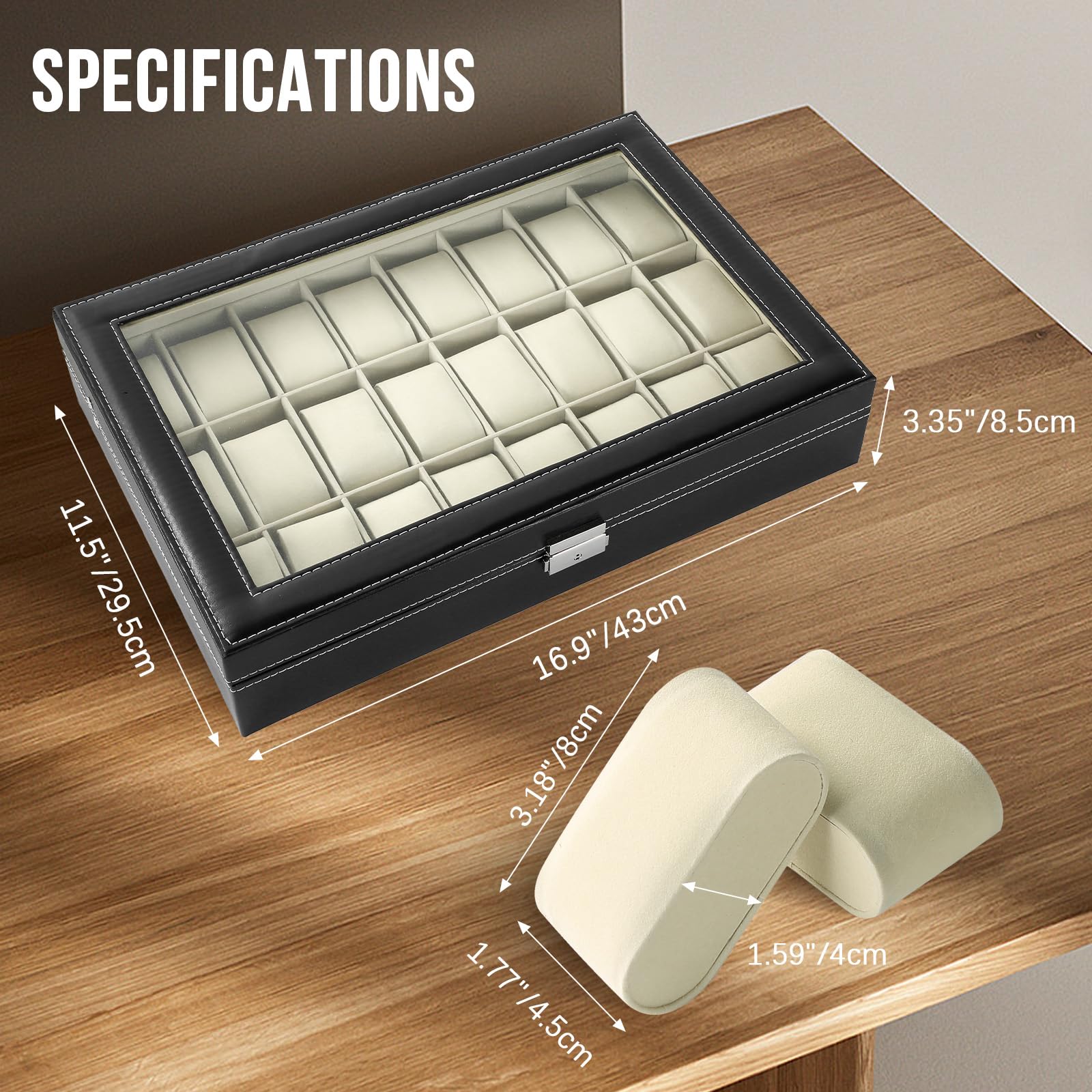 24 Slots Watch Box | Watch Case Display Organizer, Watch Display Case Glass Top for Men Women PU Leather Display Storage Collection Organizer Jewelry Case with Removable Pillows