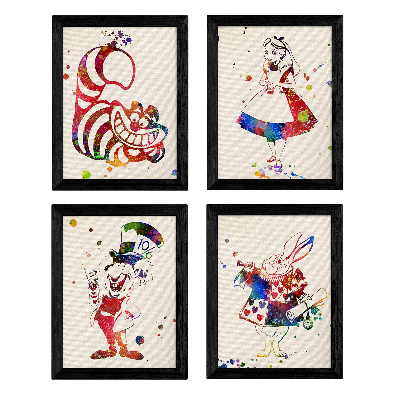 Nacnic Set of four color burst style sheets. Posters Alice in Wonderland, Alice A4 size sheets, rabbit, hatter and cat unframed