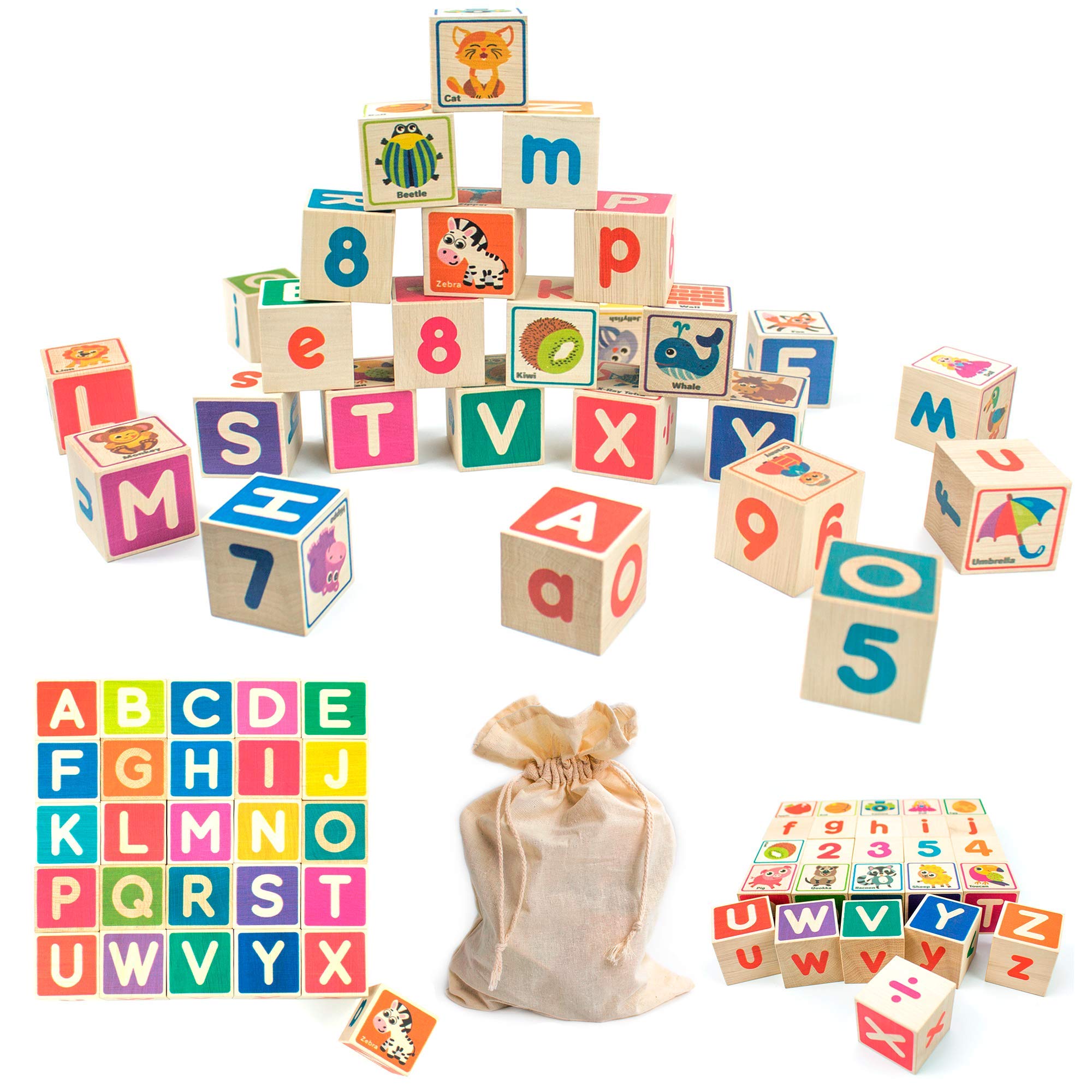 QUOKKA Wooden Puzzles Blocks for Toddlers 1-3 Large - 26 Alphabet & Numbers Baby Blocks for Kids Ages 2-4 Gift Wood Stacking & Building Toys for Learning ABC Letters for Boys and Girls 2-4