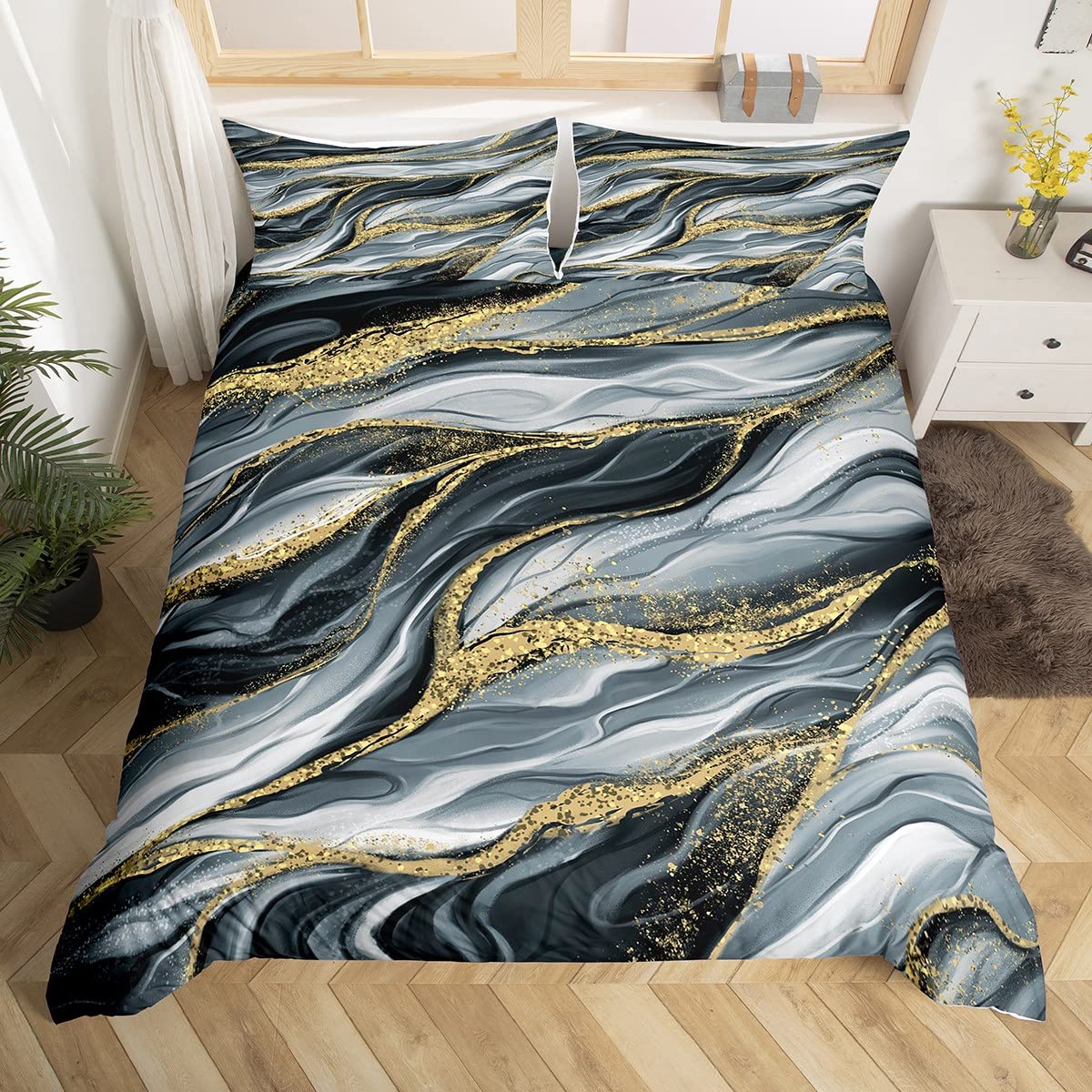 Marbling Duvet Cover Set Super King Size, Gold Grey Marble Comforter Cover with 2 Pillowcases, Abstract Stone Texture Bedding Set 3pcs for Kids Boys Girls Bedroom Decor Lightweight Bedspread Cover — image 1