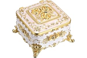 Hipiwe Vintage Jewelry Box Rectangular Trinket Chest Metal Treasure Holder for Ring Earrings Organizer Keepsake Box Gift for Woman, Beige, 5.1" L x 5.1" W x 3.1" H