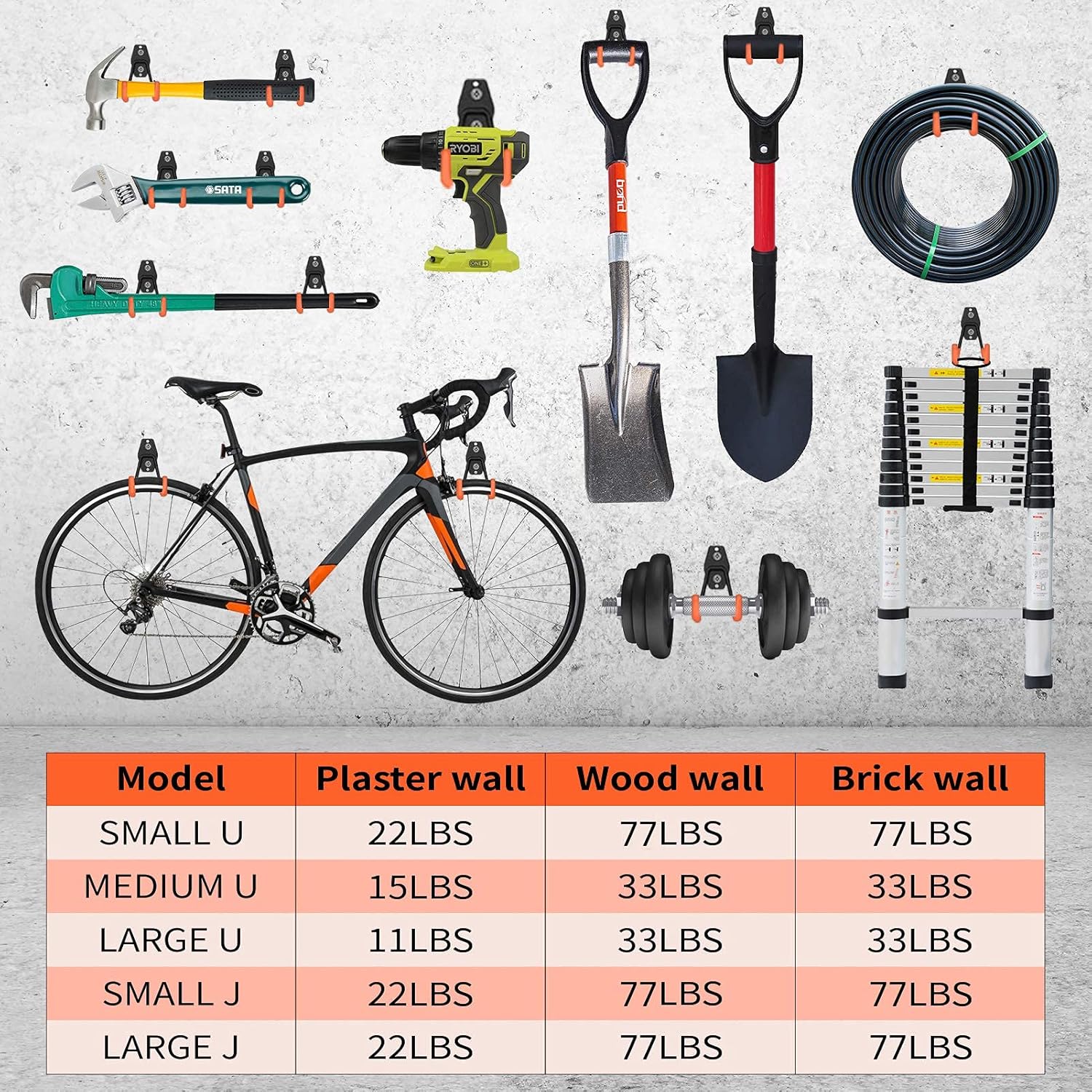 LIIBOT 2 Pack Garage Hooks with Heavy Duty Steel Storage Tool Hangers for Garage Wall Mount Utility Double Hooks with Anti-Slip Coating for Bike Garden Tools Ladders Bulky Items (L, U-Shaped, Orange): Home Improvement