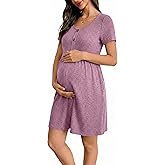 BLENCOT Short Sleeve Maternity Rib Knitted Dress for Spring Summer Button Knit Ribbed Babydoll Pregnancy Dresses with Pocket