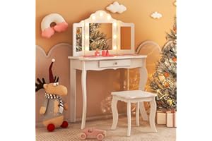 Costzon Kids Vanity, Girls Vanity Set with Mirror and Stool and Lights, Drawer, 2 in 1 Wooden Princess Makeup Desk Dressing Table, Toddler Vanity, Pretend Play Kids Vanity Table and Chair Set (White)