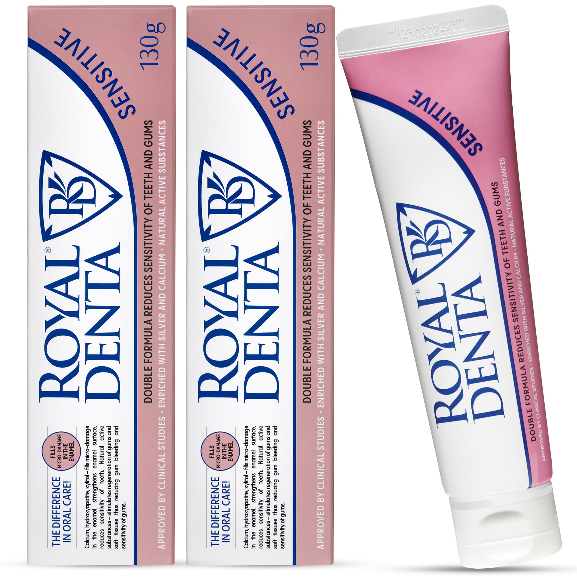 Royal Denta Fluoride Free Toothpaste for Sensitive Teeth & Gum 130g 2 Pack, Gentle Enamel Repair with Xylitol & Hydroxyapatite Remineralizing Toothpaste for Adults, Infused with Silver Particles