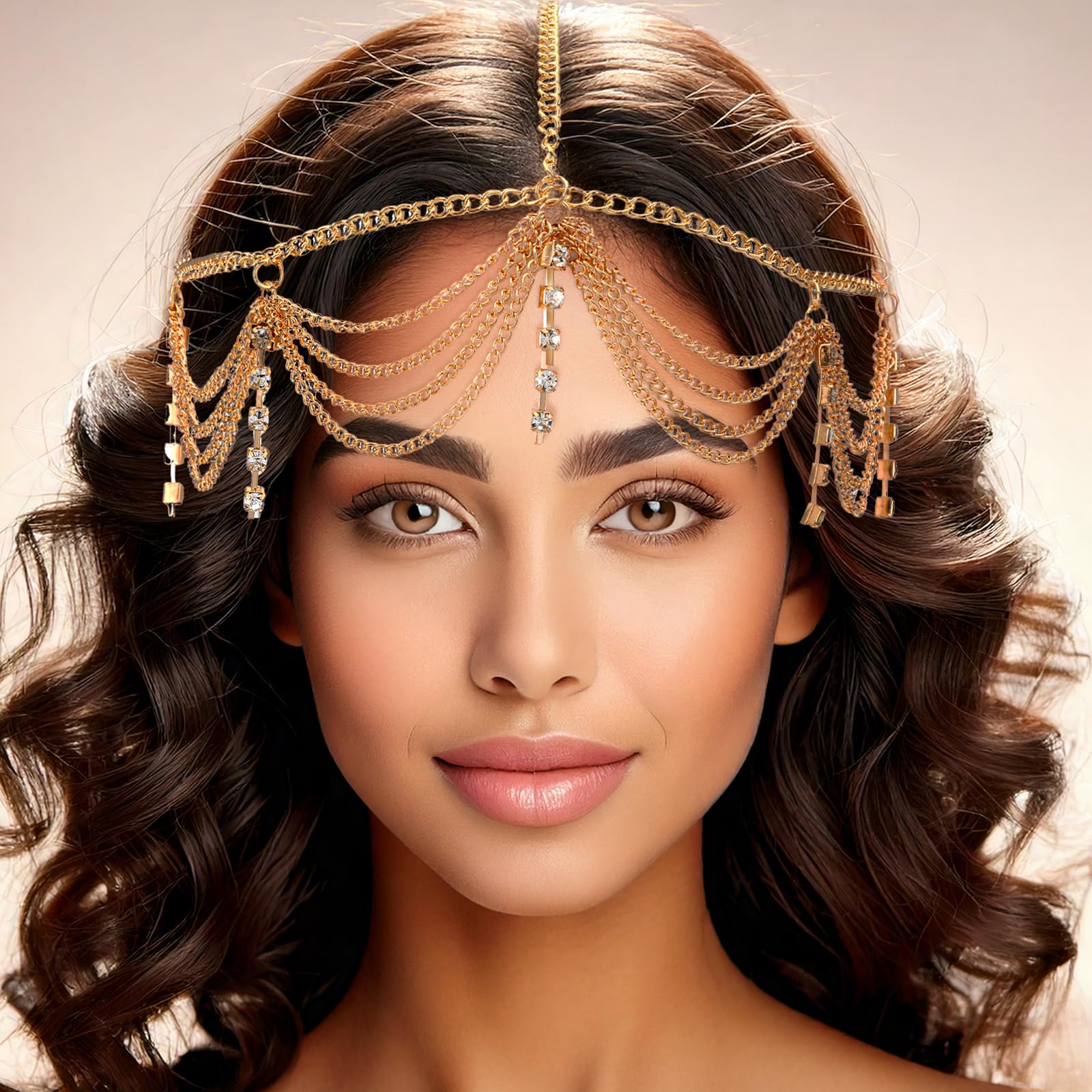 Photo 1 of Tyqour Gold Hair Chain,Tassel Rhinestone Egyptian Jewelry for Women, Boho Head Chain Gypsy Headpiece for Daily Hair Accessories Prom Makeup Bride Wedding
