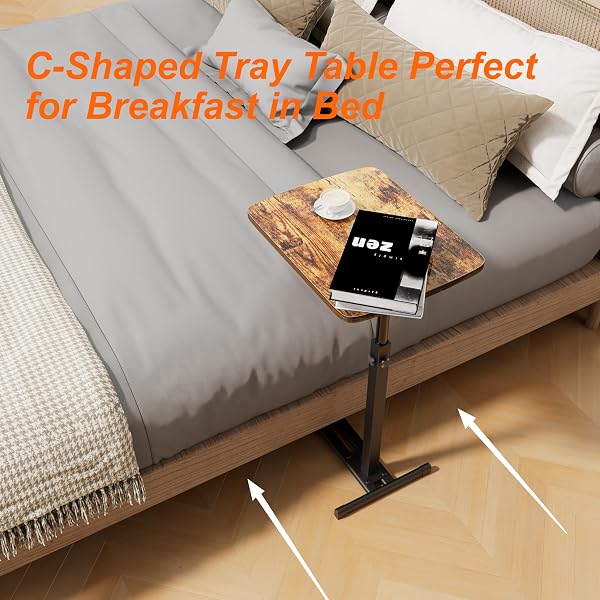 TV TRAY TABLE FOR SMALL SPACES WITH 360° SWIVEL TABLETOP & HEIGHT ADJUSTABLE,C SHAPED SOFA ARM END SIDE TABLE, BED TRAY STAND FOR EATING LAPTOP,LIVING ROOM, BEDROOM,BREAKFAST (METAL BASE)