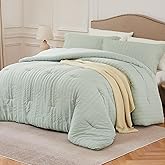 Quataly Sage Green Queen Comforter Set - 3 Pieces Seersucker Lightweight Bedding Comforter Sets (1 Soft Fluffy Comforter & 2 Pillowcases) - All Seasons Cozy Rustic Bed Sets for Women Men