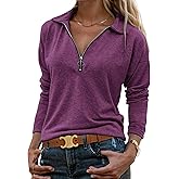 Halife Womens Zip Neck Shirt Long Sleeve Blouses for Women Dressy Casual Cotton Ladies Tops to Hide Tummy Trending Womens Clothes Purple Shirt XL