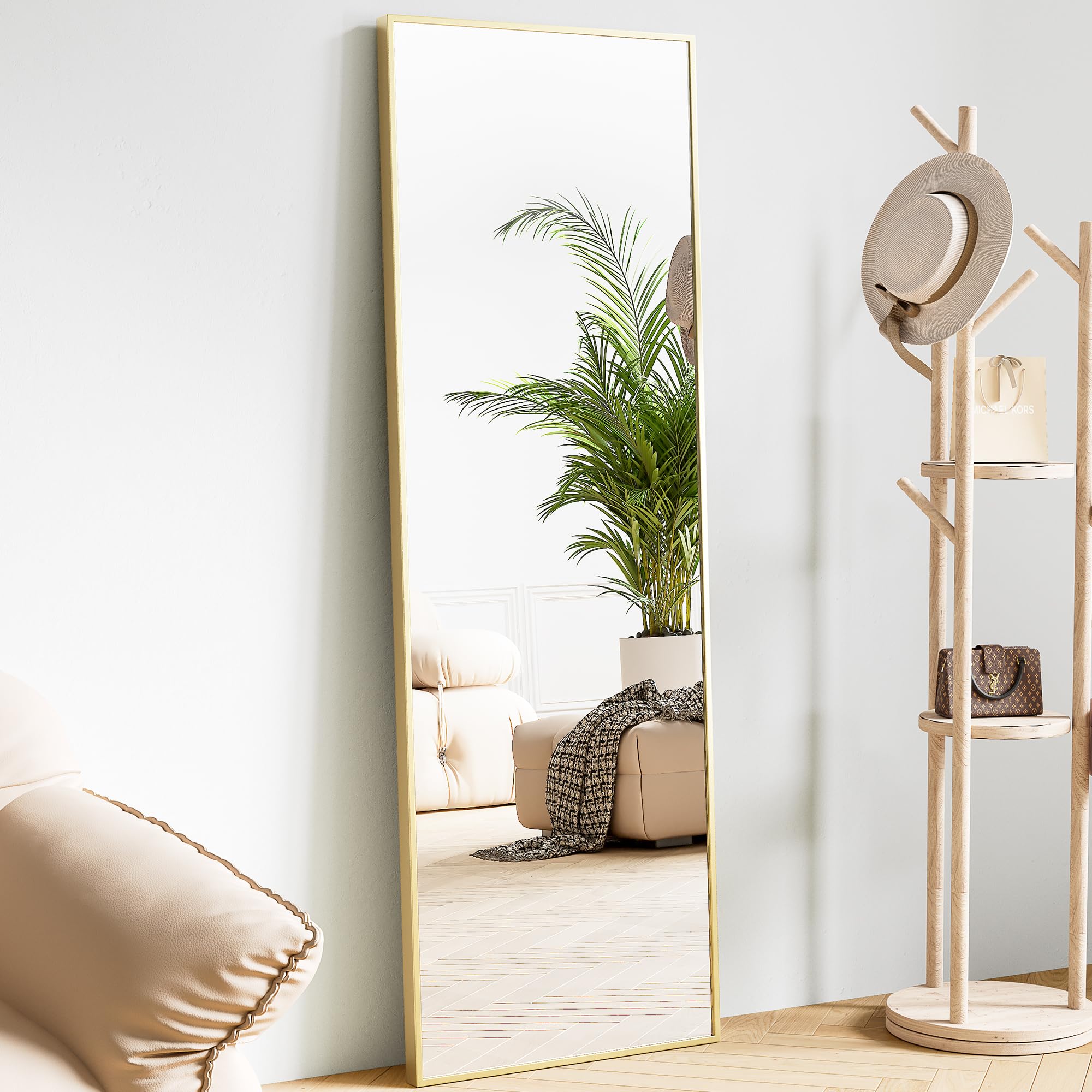 Sweetcrispy 59"x16" Full Length Mirror, Standing or Leaning Full Body Mirror with Aluminum Alloy Thin Frame, Suitable for Bedroom or Cloakroom,Gold Image Sweetcrispy 59"x16" Full Length Mirror, Standing or Leaning Full Body Mirror with Aluminum Alloy Thin Frame, Suitable for Bedroom or Cloakroom,Gold Image